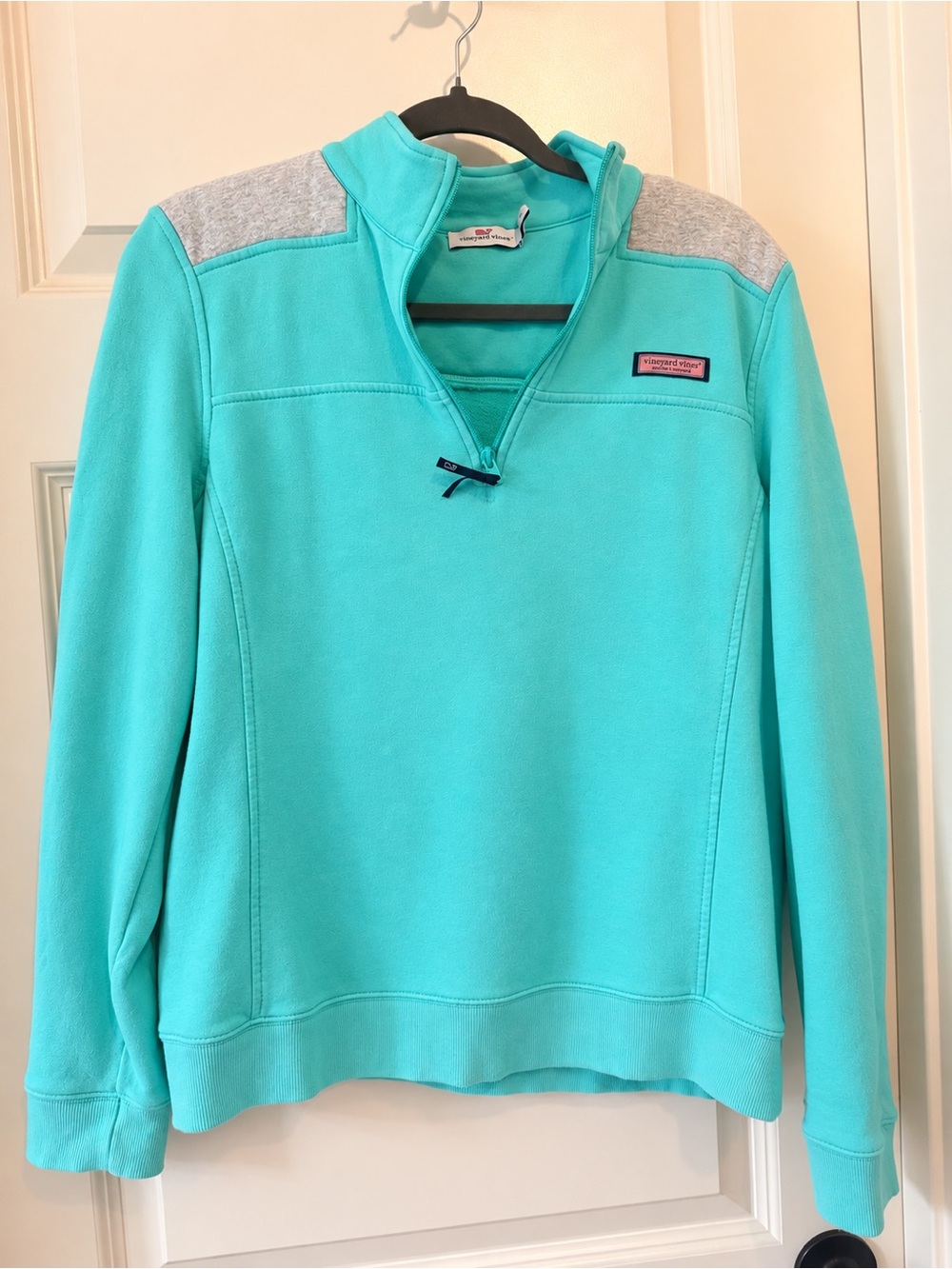 Vineyard Vines Teal Quarter-Zip Pullover with Gray Shoulder Panels